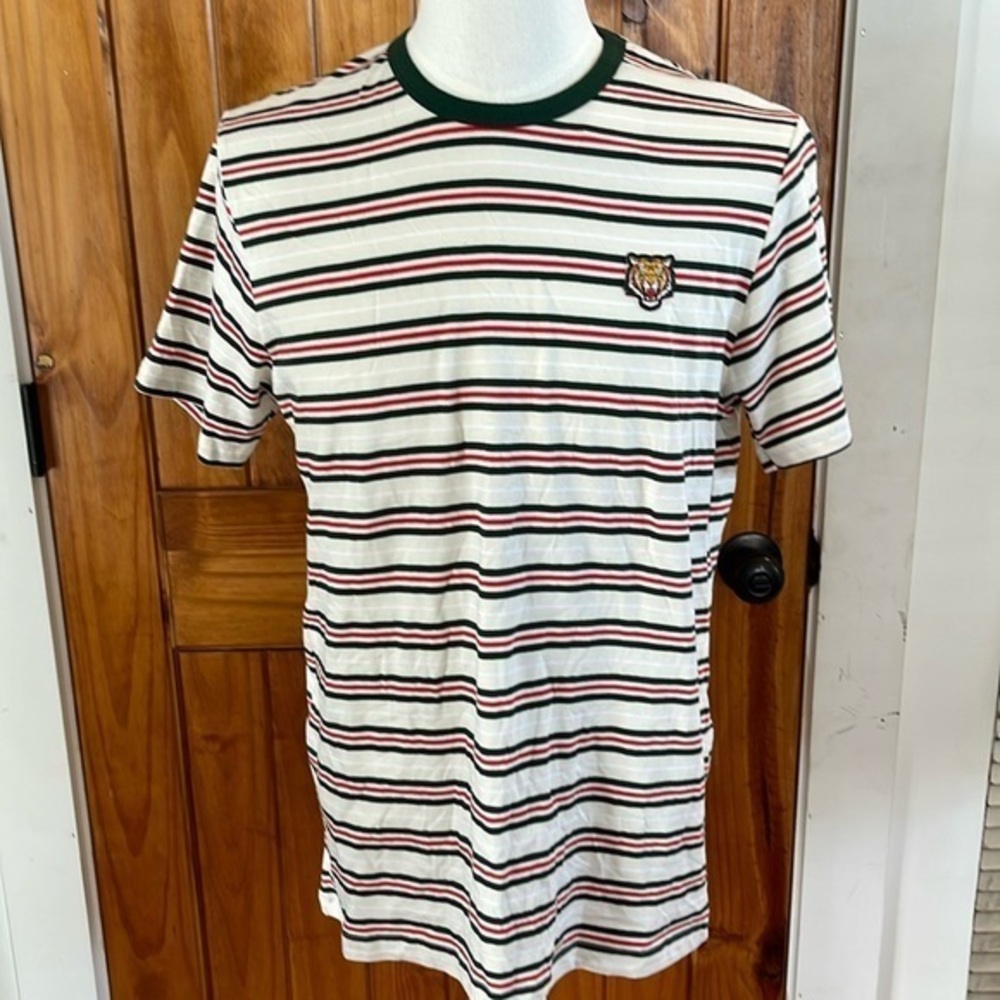 Ricky Singh Denim & Flower Red Green Striped T shirt Crew neck Large NWT Tiger